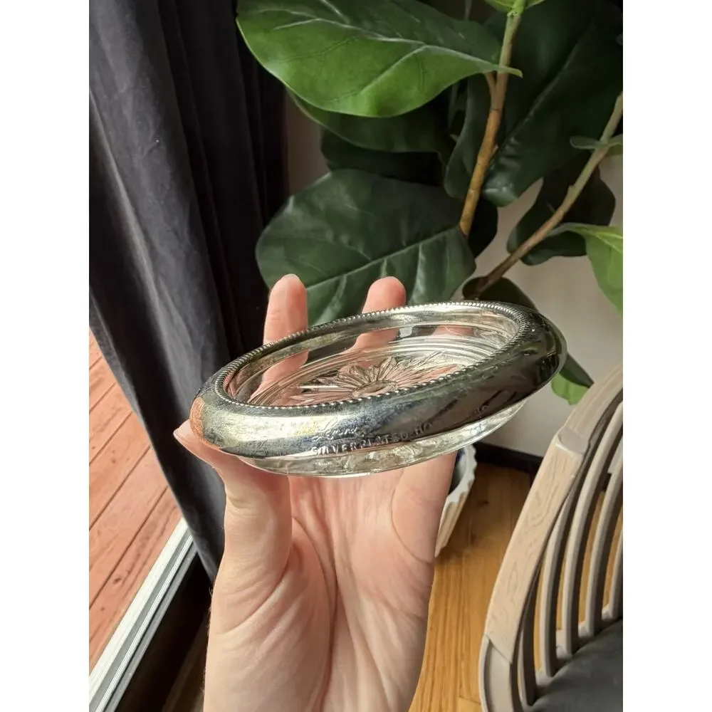 Set of 3 Leonard Silver-Plated Glass Coasters Vintage Starburst Design Hong Kong